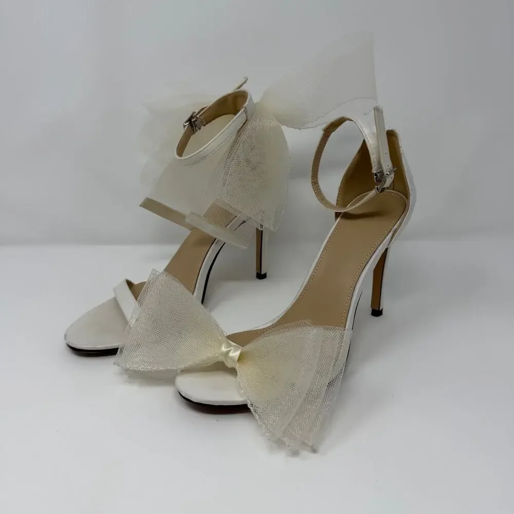 White Satin Bow Ankle Strap Stiletto Heels Size 8